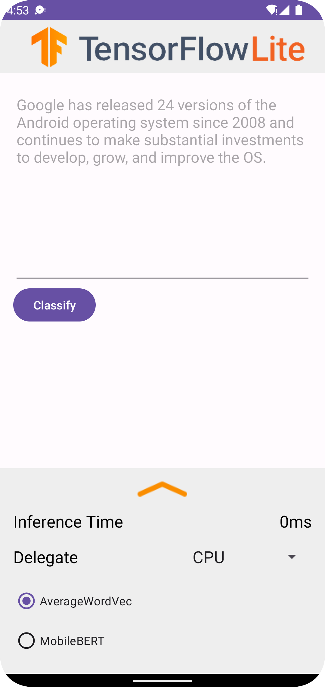 Aplicación de ejemplo de clasificación de texto en Android
