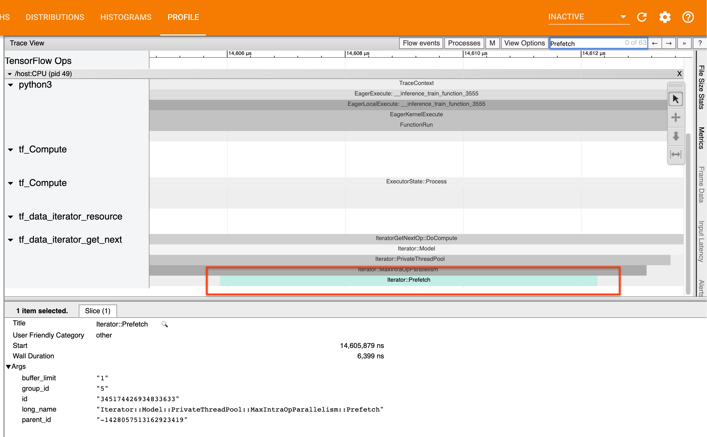 Jika Anda mengambil data terlebih dahulu, Anda akan melihat potongan `Iterator::Prefetch` di tumpukan yang sama dengan operasi `IteratorGetNext::DoCompute`. image