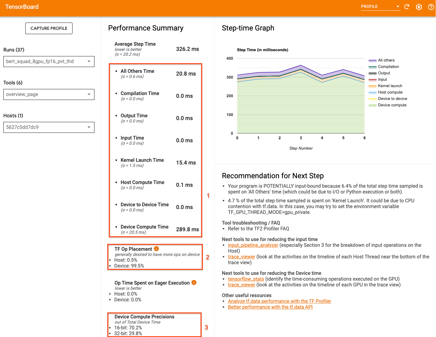 The overview page of the TensorFlow Profiler TensorFlow Profiler Overview Page