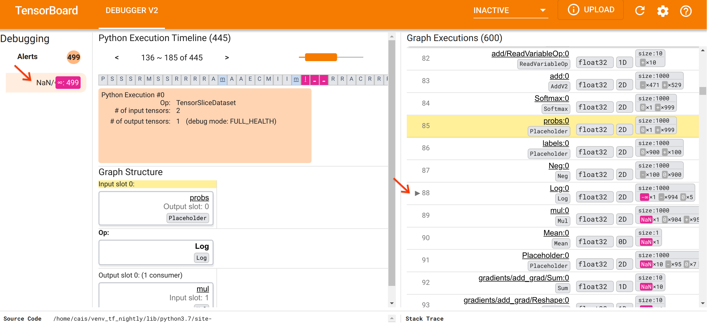 Debugger V2: alertas Nan/Infinity y lista de ejecución de gráficos